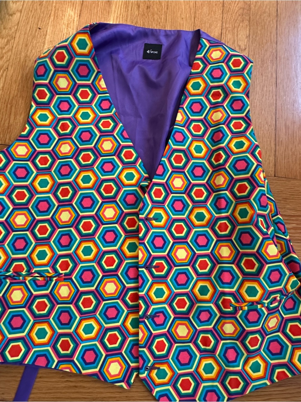 Colorful Hexagon Print Vest with Purple Lining Pride Maximalist